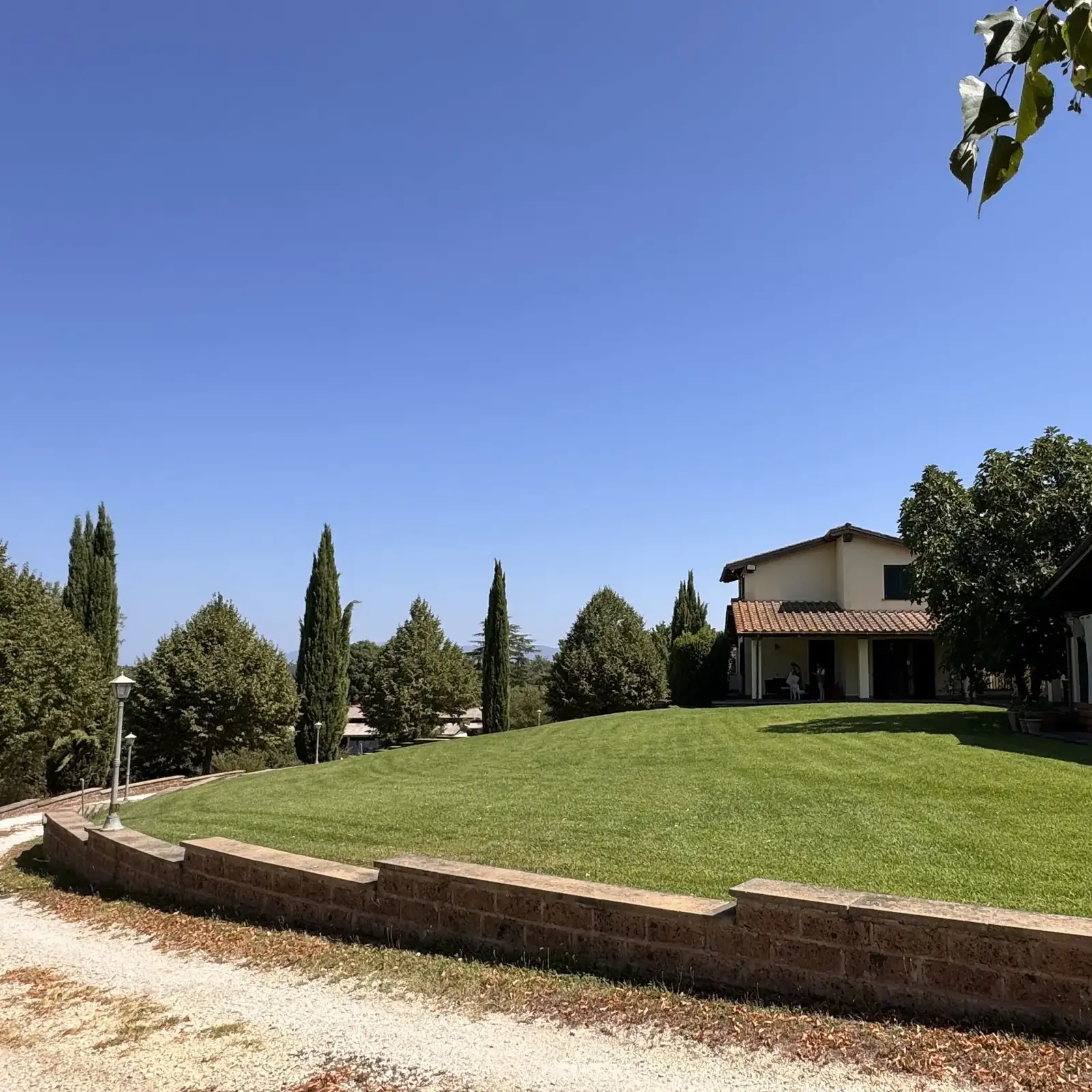 Il grande prato dell'Oasi del Verde con i cipressi, la casa sulla destra e le colline dei Monti Cimini all'orizzonte