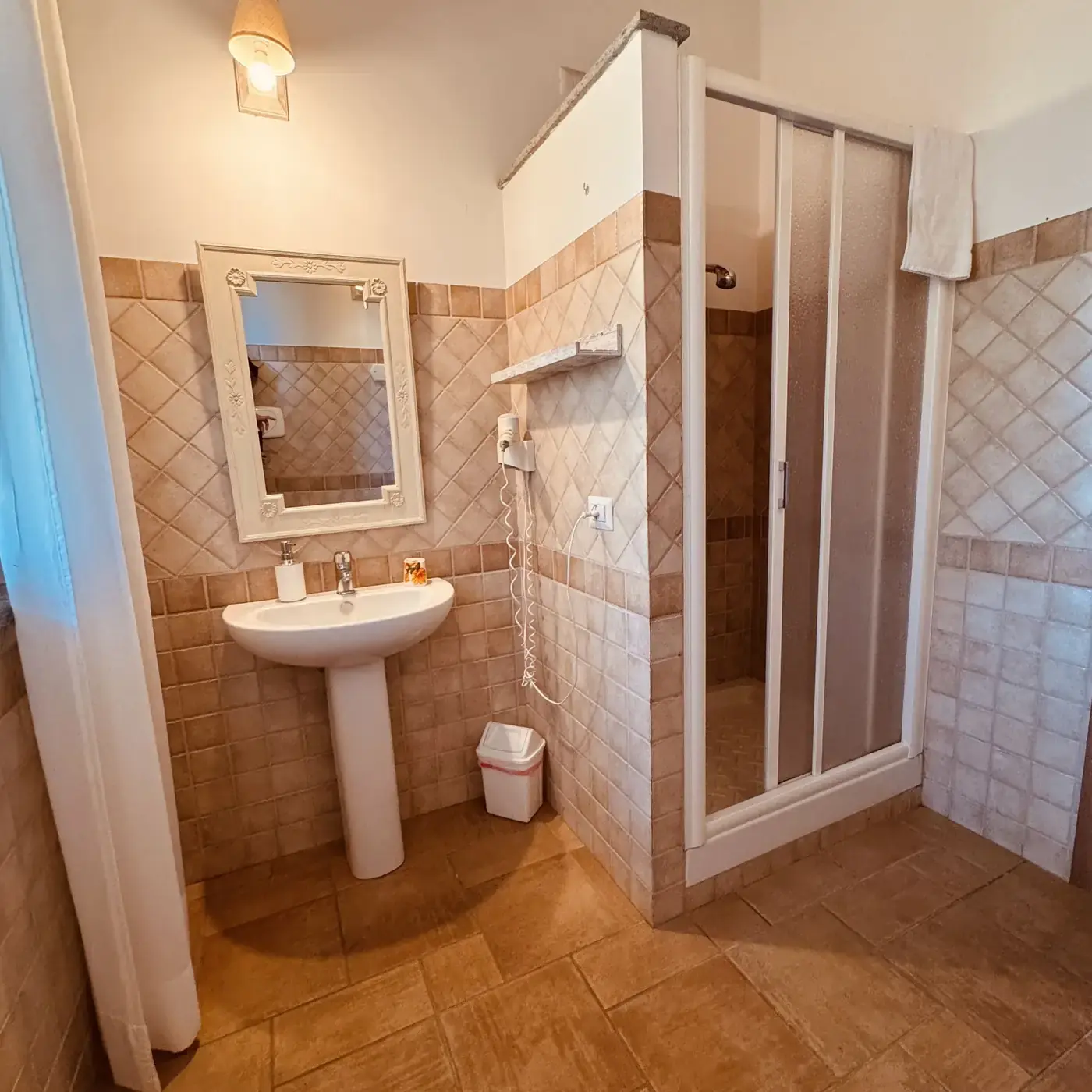 Bagno privato con box doccia, lavabo e specchio